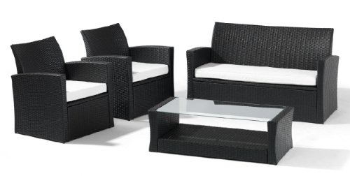 Rattan Möbel Lounge ALASTO SOFA SET schwarz-Leder-Look