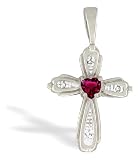 14K White Gold Heart Created Ruby and Diamond Cross Pendant