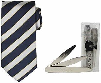 Men's Modlines Handmade Silk Tie and Monkey Suits Logo Magnetic Boxed Collar Stay Set- 18 Stays, 3 Sizes (3.75", Navy Stripe)