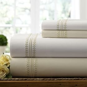 300TC Egyptian Cotton Chevron Embroidery Sheet Set, King, White by SmartBargains