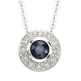14K White Gold Bezel Set Round Sapphire & Diamond Pendant