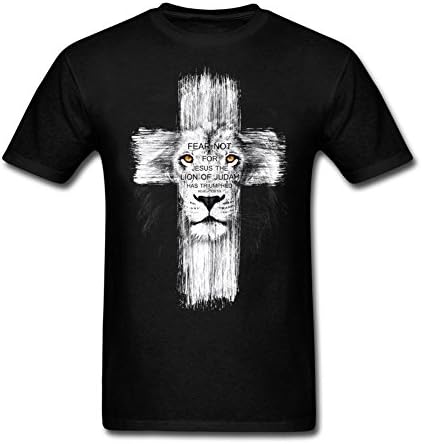 Men Lion Christian Cross T-Shirt Round Neck Cotton Black L