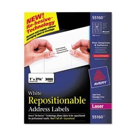 Avery White Repositionable Address Labels for Laser Printers, 1 x 2.625 Inches, Box of 3000 (55160)