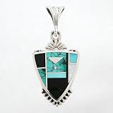 Turquoise, Black Onyx and Mother of Pearl Inlaid Arrowhead Pendant in Sterling Silver by Ray Tracey, #8589