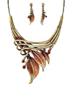 Goldtone Brown Leaf Statement Necklace and Earrings Set Fashion Jewelry