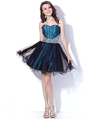 A-line Strapless Tulle Short Lace Mesh Corset Dropped   Waistline Sweetheart Prom Dress 