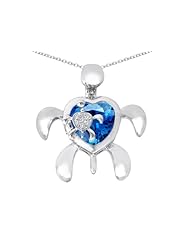 Original Star K (tm) Good Luck Mother and Child Turtle Pendant with Heart Shape Simulated Blue Topaz in 925 Sterling Silver