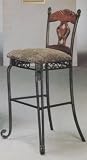 Set of 2 Bar Chairs - Wrought Iron Frame, Wood Seat Back and Upholstered Seats