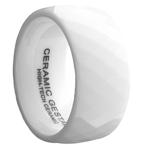 White Ceramic Ring by CERAMIC GESTALT® - 10mm Width. Faceted Design. (Avail. Sizes 5 to 14).
