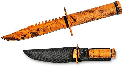 New 8-1/2" Tree Orange Camo Fixed Blade Hunting Survival Knife with Nylon Sheath
