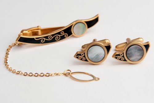 Mother of Pearl Gold Color Circle Tie Clip Bar Clasp Pin Tack Tac Cufflinks Set
