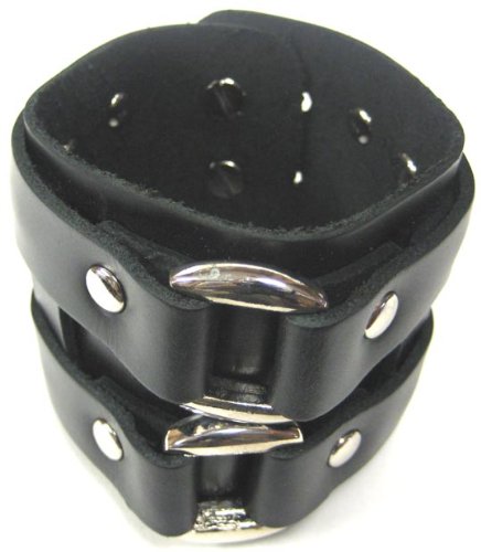 Click here to buy Black Leather Double Chrome O Ring Wristband Bracelet by Coolstuff4U.