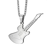 RocknRollCZGuitarNecklacePendantMensStainlessSteelChain(Silver)