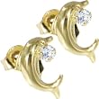 Solid 14kt Gold Cubic Zirconia Pearl Dolphin Earrings