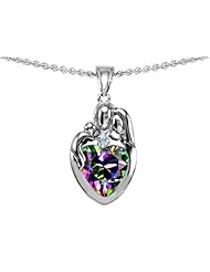Original Star K (tm) Loving Mother And Father With Child Family Pendant With Heart Shape 8mm Mystic Rainbow Topaz in 925 Sterling Silver