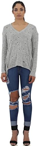 Women's Long Sleeve V-Neck Distressed Sweater Style Shirt w/ Aesthetic Style Zippers (Large, Grey)