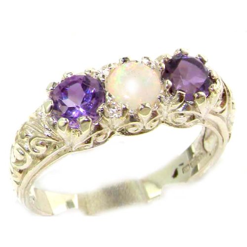 Luxury Solid Sterling Silver Natural Opal & Amethyst Art Nouveau Carved Trilogy Ring - Finger Sizes 5 to 12 Available