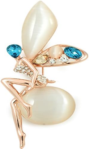 Viennois 14k Gold-plated Rhinestone Flower Fairy with Swarovski Blue Crystal and Round Imitation White Opal Fashion Brooch