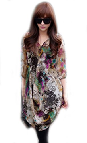 レディース シフォンチュニック 柄プリント 七分袖　ワンピース　透けシフォン フリーサイズ【並行輸入品】 sk0047