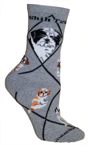 Shih Tzu Puppies Gray Cotton Dog Novelty Socks for Adults 9-11