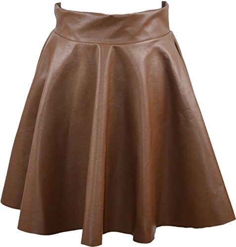 RoRoDox Women's PU Leather High Waist Mini A Line Pleated Flared Short Skirt (XXL, Brown)