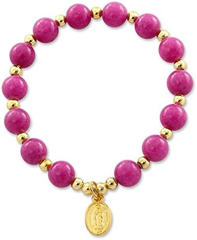 Mountain Jade Violet Red Beaded Bracelet with Lady of Guadalupe Gold Plated Medal