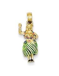 14K Yellow Gold 3-D Enameled Hula Girl with Moveable Grass Skirt Charm Pendant