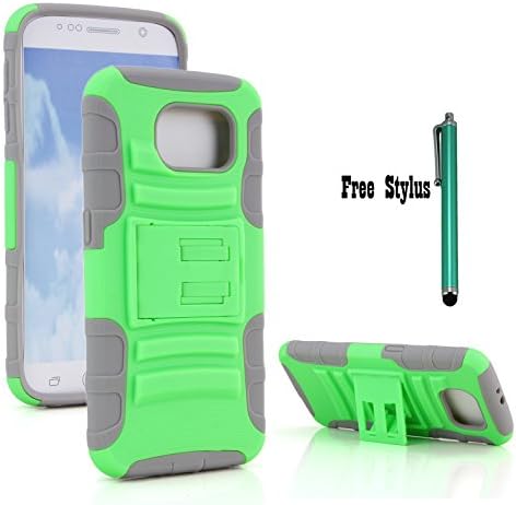 The Little Penguin Samsung Galaxy S6 Armor Protective Case - Shock &amp; Bump-proof Armor Hybrid Case with Built-in Kickstand for Samsung Galaxy S6 &amp; Stylus Pen + Fishbone Earphone Cord Organizer bundles (Kickstand Case - Black and Green) (Kickstand Case - Green and Gray)