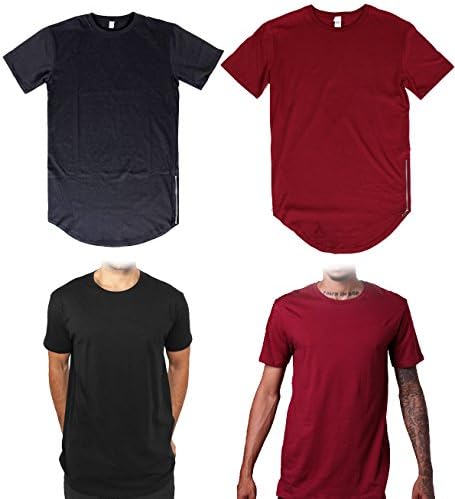 2 pack elongated Tee T Shirts Long Extended urban wear Hip Hop Zipper BLACK RED (M - Medium - Mens)