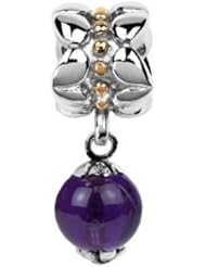 February Birthstone Dangle, Sterling Silver and Gold with Natural Amethyst Dangle Charm ,(February Birthstone), Fits Pandora and All Barnds Charm Bracelets and Necklaces.