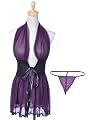 Anna-Kaci S/M Fit Purple Low Cut Sheer Plunge Halter Negligee Matching G-String