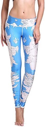 Yobba Women World Map Pattern Print Ankle Length Sports Yoga Leggings Pants