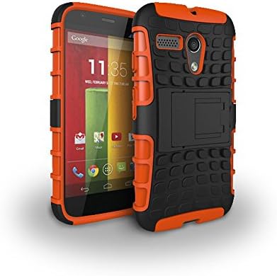 Moto G 1st Generation Case, Hongqing Shop 2 in 1 Dual Layer Drop Protection Design, Black PC Hard Back Cover Combine Multi-color Option TPU Soft Middle Bumper Premium Slim Fit Impact Resistant Protective Armor Rugged Hard Case, Tire Series Armor Defender Protective Tough Dual Layer Protection Case ONLY for Moto G 1st (Gen.) (Orange)