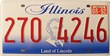 Illinois, Land of Lincoln (new) License Plate, red numbers with Abe Lincoln graphic, blue bottom