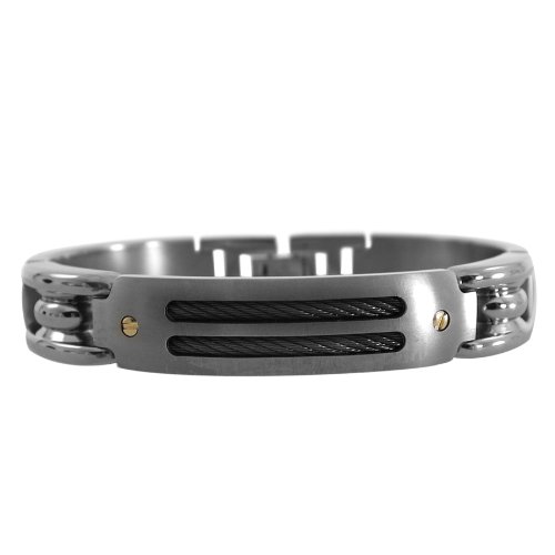 Edward Mirell Men’s Grey Titanium Bracelet with Black Memory Cable and 18k Yellow Screws, 8.5″