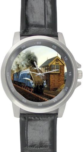 Antique Train Background Printed High-grade Alloy Watch with Black Leather Watchband