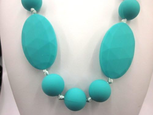 Chewable Teething Necklace for Teething Babies or Nursing Moms. Strand of 14mm Turquoise Beads with 4 Faceted 25 X 40mm Turquoise Oval Beads Alternating with 14mm Beads in The Center
