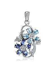 Natural Blue Topaz & Tanzanite 925 Sterling Silver Flower & Leaf Pendant