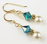  Damali 14K Gold Dangle Earrings December Blue Zircon Pearl Swarovski Crystal Elements - 1 Inch