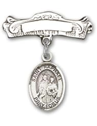 Sterling Silver Baby Badge with St. Raphael the Archangel Charm and Arched Polished Badge Pin