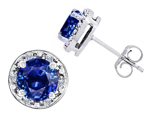3.06 cttw Original Star K(tm) Lab Created 7mm Round Sapphire and Genuine Diamond earring Studs in .925 Sterling Silver
