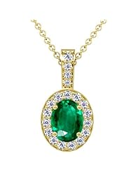 14K Yellow Gold Oval Cut Emerald And Round Diamond Pendant