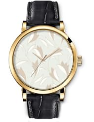 SPRAWL Aanalog Fashion Series Gold Ladies Watches of Genuine Black Leather Strap,Unique Wrist Watch for Women Girls Designed with Petals on light blue background
