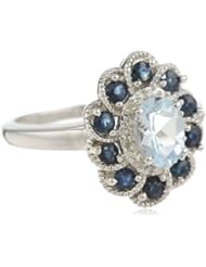 Sterling Silver Aquamarine, Blue Sapphire and Diamond Flower Ring, Size 7