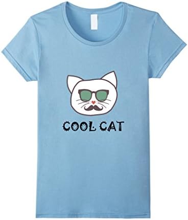 Women's Cool Cat T-Shirt - Cat with Sunglasses and Moustache Small Baby Blue