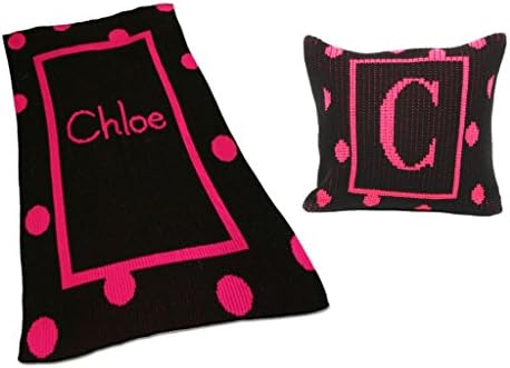 Butterscotch Blankees Customized Polka Dot Solid Border and Initial Pillow 15 Inch by 15 Inch Pillow and Polka Dot Solid Border and Name Stroller Blanket