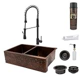 33 Hammered Copper Kitchen Apron 50/50 Double Basin Sink with Scroll Design
