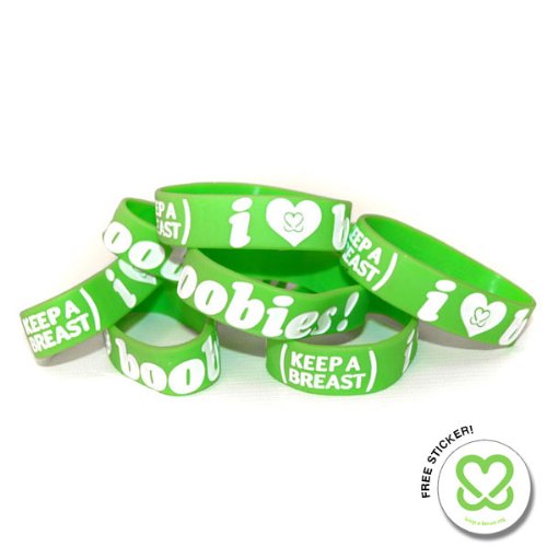 Keep-A-Breast 1 Inch I Love Boobies Bracelet Green/White