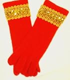 One Size Red Angora Gloves Reinforced By Nylon Fibers Trimmed with Gold Sequin Ribbon