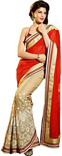 Melluha Glamorous Chickoo Red saree with Heavy work